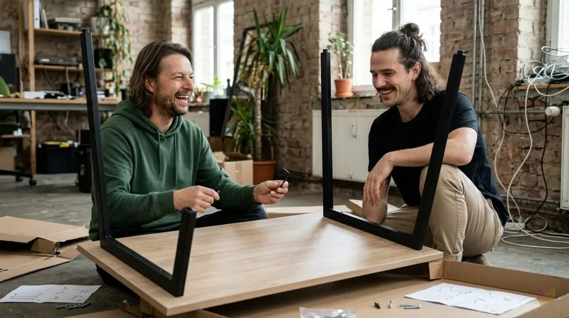 KI-generiert: Maik und Mats haben in einem Berliner Loft einen Schreibtisch verkehrt herum aufgebaut und lachen darüber
