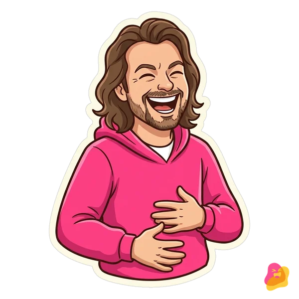 KI-generiert: Maik als Comic-Sticker im pinken Hoodie, er hält sich lachend den Bauch