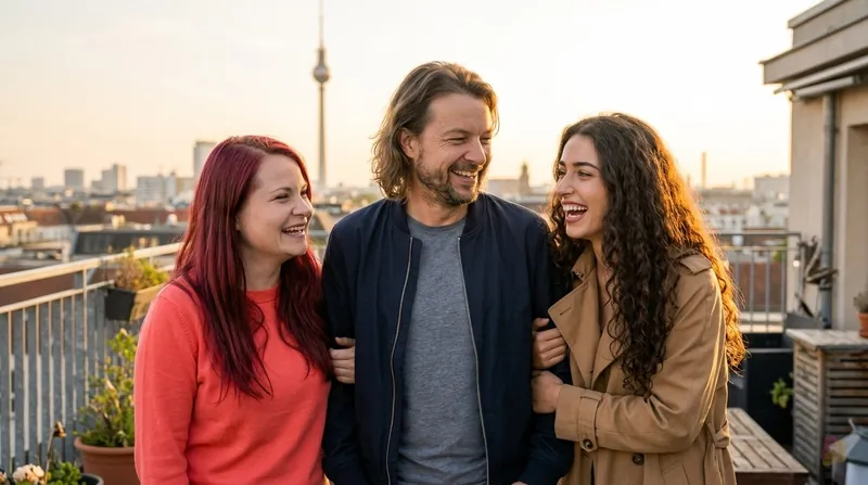 KI-generiert: Maik, Lia und Nicole stehen Arm in Arm auf einer Berliner Dachterrasse und lachen